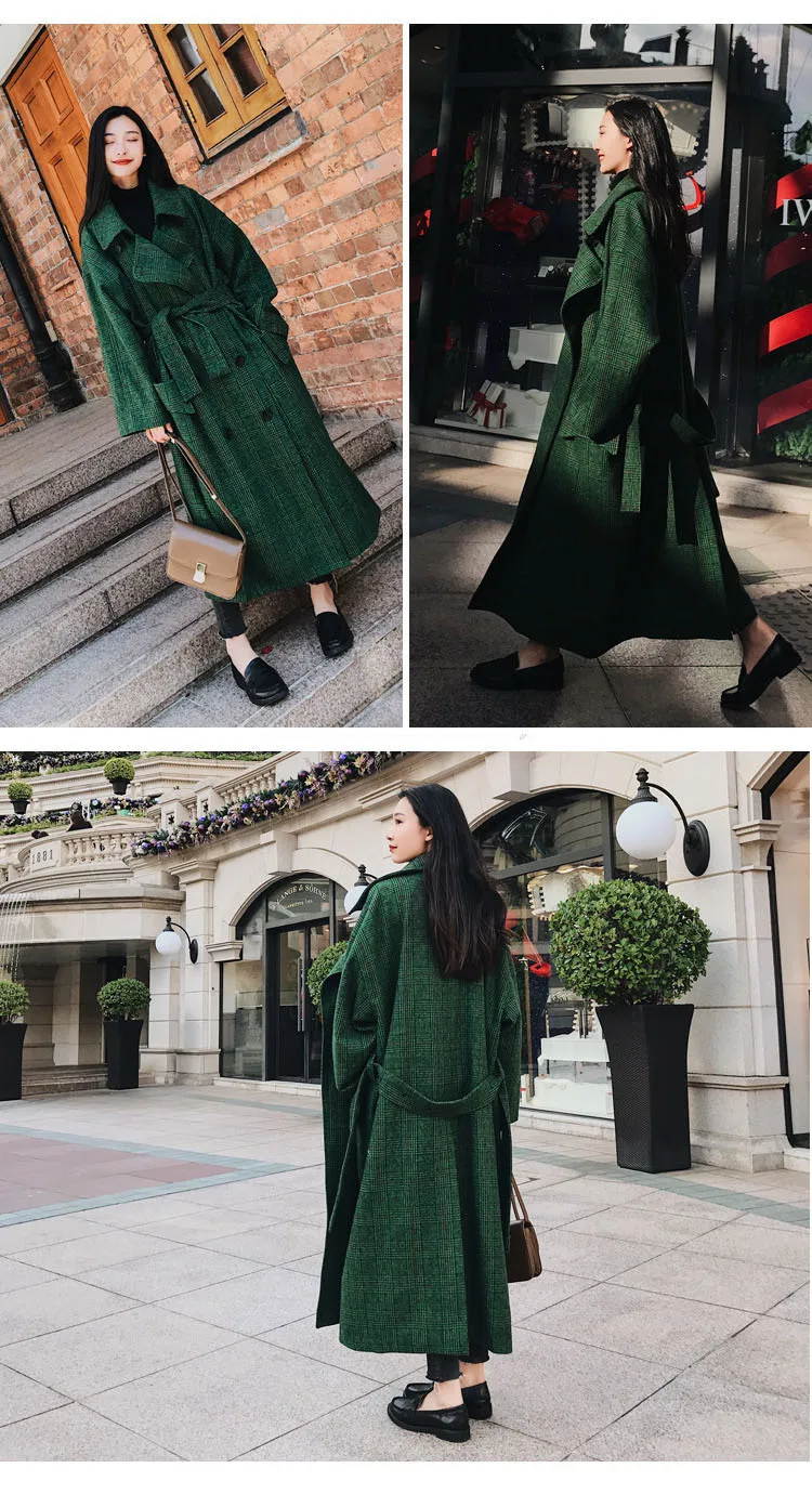 Осенне-зимний тренчкот верхняя одежда двубортное повседневное пальто свободные большие размеры длинные зеленые клетчатые женские шерстяные пальто DJN18