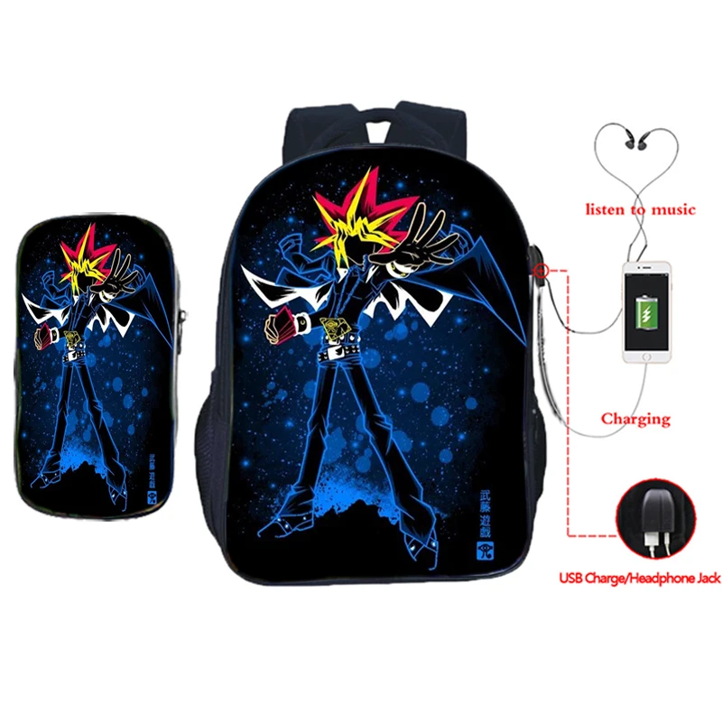 

Popular Yu Gi Oh! USB Backpack Boys Girls Yugi School Bag Teens Bookbag Students Back to School Gift(2pcs Set/backpack+pen Bag)