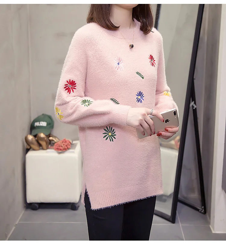 Большой размер 4XL осень зима Женская мода цветок вышивка теплый свитер женский свободный пуловер с длинными рукавами свитера 3703