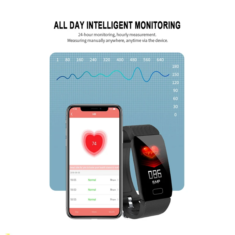 Q1 24-hour Heart Rate Blood Oxygen Monitor Smart Watch Band bluetooth Sports Mode Weather Alarm Multi-language Wristband Fitness