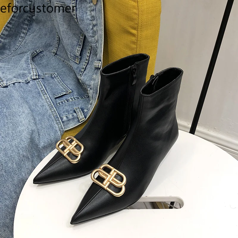 

Womens Heeled Short Tube Martin Boots Side Zipper Pumps Stiletto Pointed Toe High Heels Metal Decoration Work Dress Party Shoes