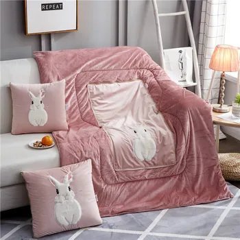 

2 in 1 Cartoon Rabbit Thicken Crystal Plush Pillow Back Cushion Office Blanket Warm Flannel Animal Pillow + Car Blankets
