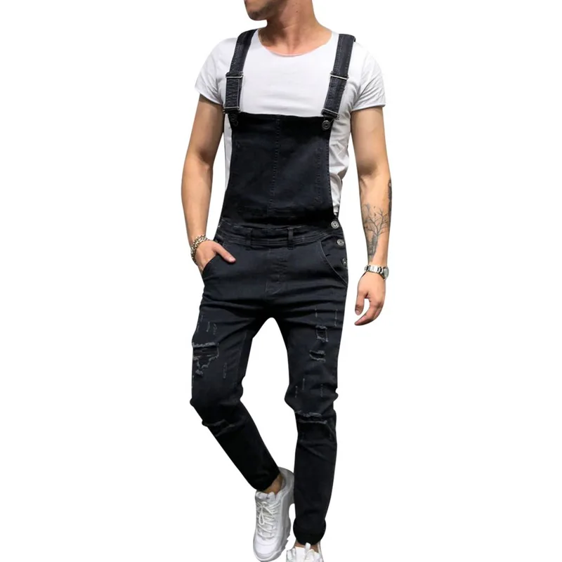 Популярные Для Мужчин's Рваные джинсы комбинезоны Марка NEW FASHION Hi Street рваные джинсовые Комбинезон для мужские джинсы штаны с подтяжками Размеры S-3XL - Цвет: black