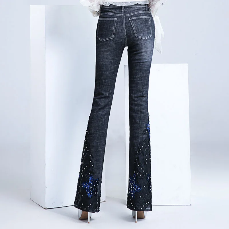 FERZIGE Брендовые расклешенные брюки женские джинсы ручной работы с вышивкой бисером и высокой талией Женские Эластичные Обтягивающие черные брюки размера плюс 36