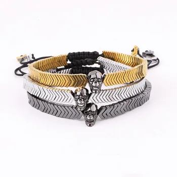 New Design Hematite Beads CZ Skull Macrame Adjustable Bracelet Jewelry For Men