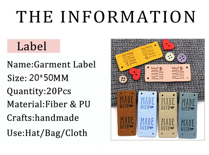 20Pcs Handmade Label Made With Love Labels Leather Tags For Clothes Sew Tags DIY Hand Made Jeans Bags Shoes Garment Accessories