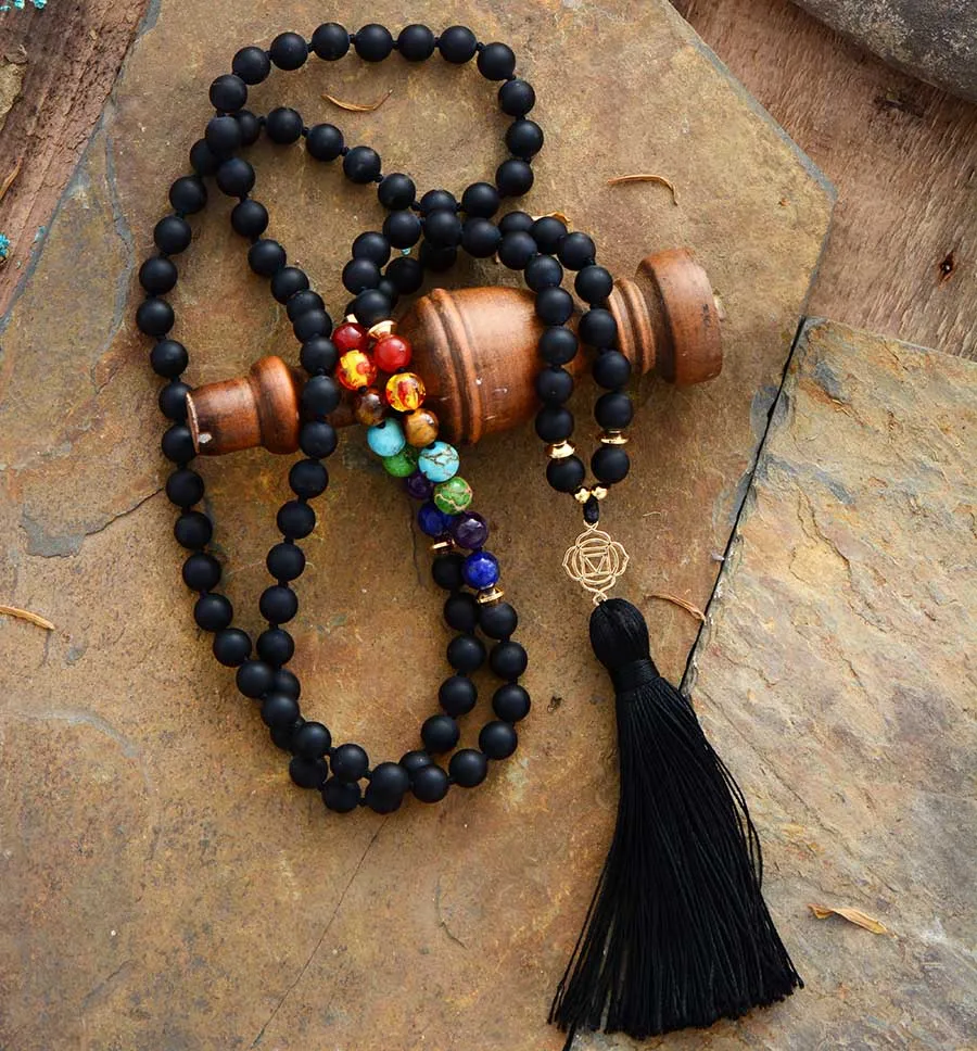 New Chakras 108 Beads Mala Matte Onyx 7 Color Stones Reiki Charm Tassel Necklace Bead Knotted Meditation Yoga Necklace Dropship - Image 2