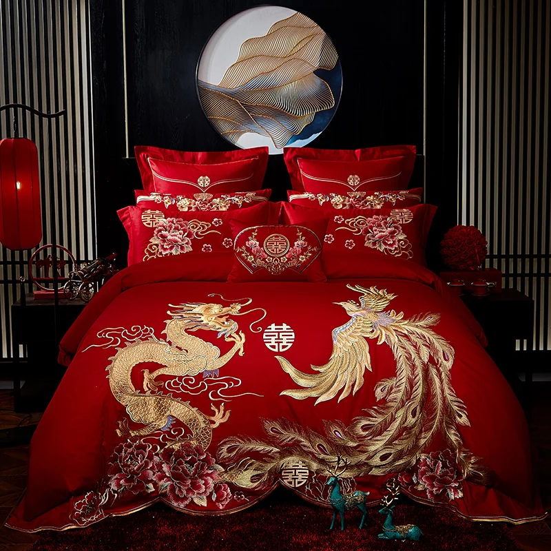 

Red Luxury Gold Phoenix Loong Flowers Embroidery Chinese Wedding Cotton Bedding Set Duvet Cover Bed sheet Bedspread Pillowcase