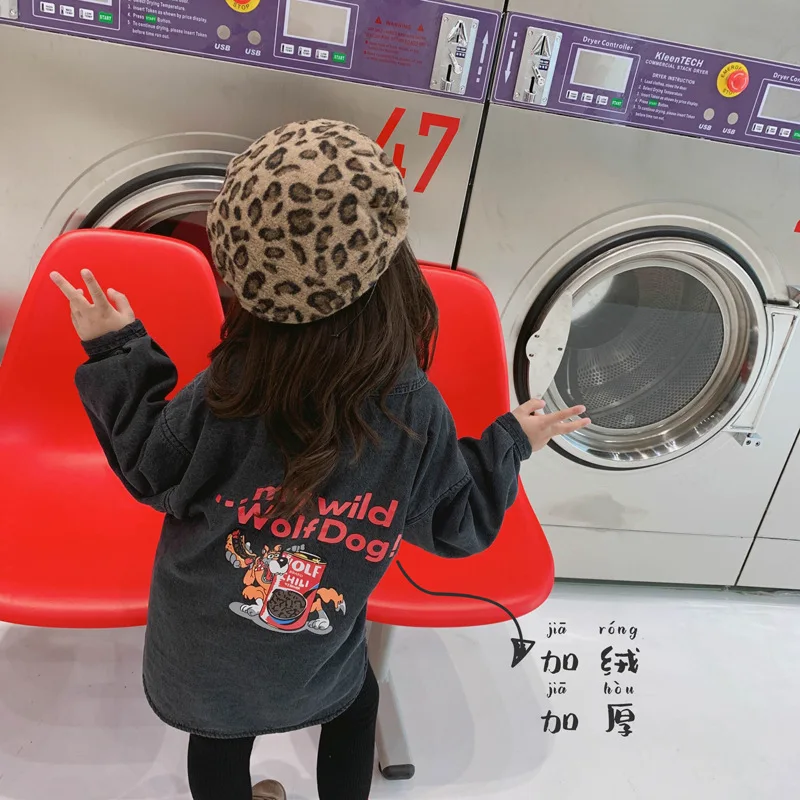 WLG girls winter long style shirts kids velvet thick denim black shirt baby girl warm casual clothes 1-6 years