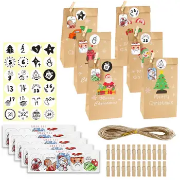 

24 Sets Christmas 1-24 Advent Calendar Kraft Candy Bag with Tags Clips Stickers Hemp Rope Gift Storage Dropship