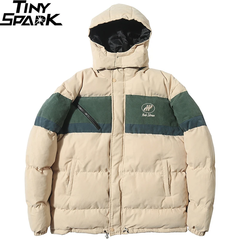 Куртка с капюшоном в стиле хип-хоп Уличная Мужская парка-пуховик ветровка с цветным блоком Harajuku зимняя стеганая куртка теплая верхняя одежда