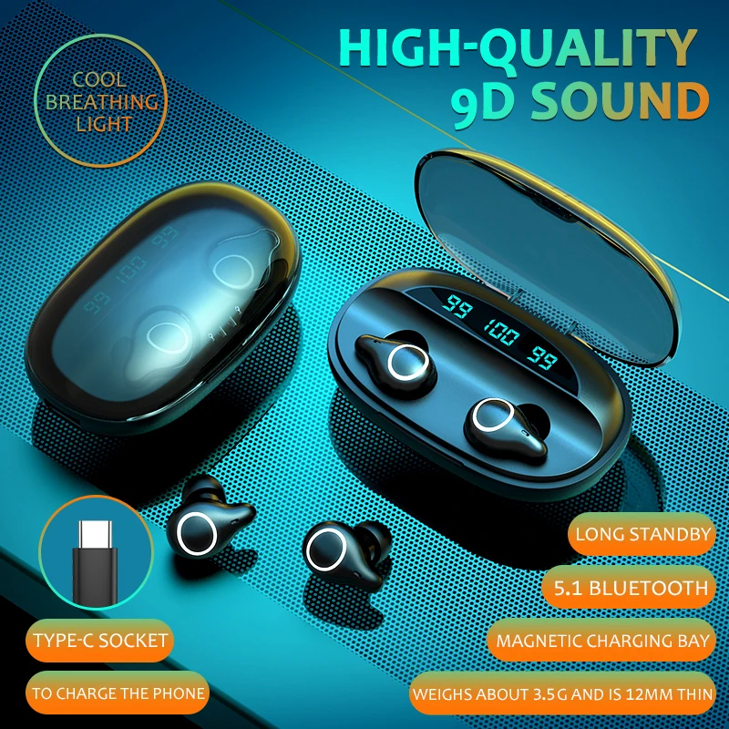 2020 New Wireless Headphones Bluetooth 5 1 Earphone 1200mAh Music Earbuds 9D Stereo Waterproof Headset Touch Control LED Display