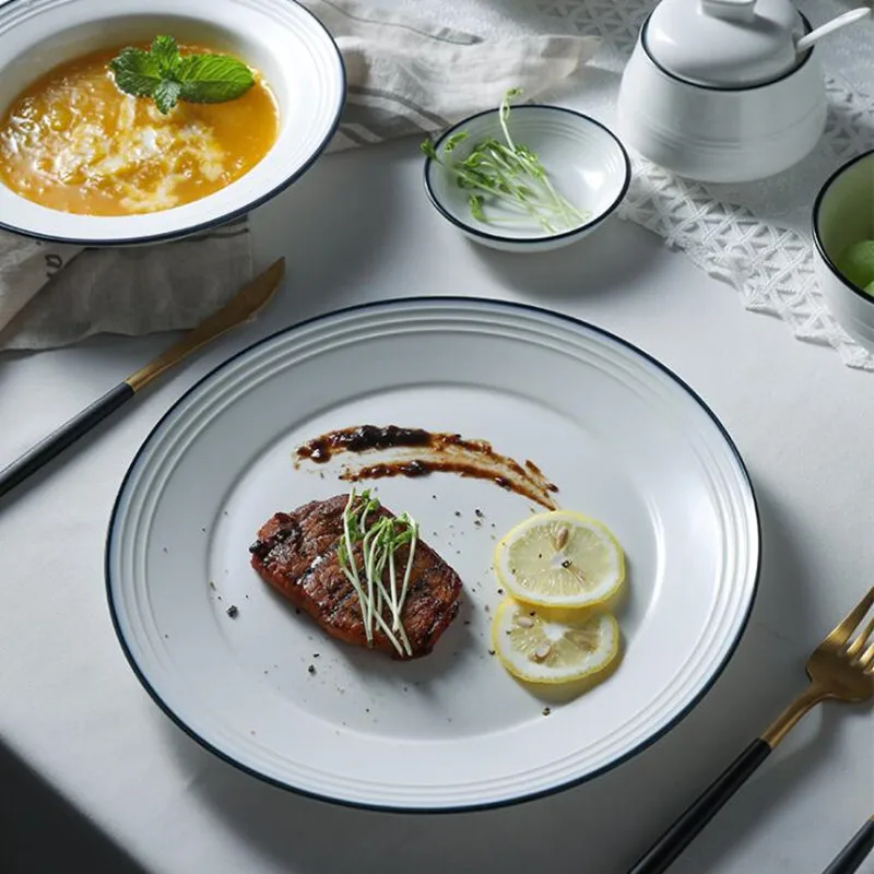White screw Thread Dinner Plate Ceramic Kitchen Plate Tableware Set Food Dishes Rice Salad Noodles Bowl Soup Bowl 1pc