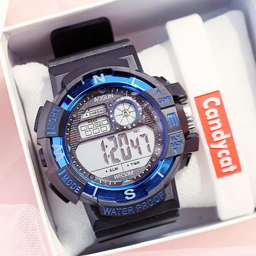 

2019 new Mens Watches 2pcs/set watch bracelet set men's sports large dial silicone LED student watch box Gift Set for Boy friend