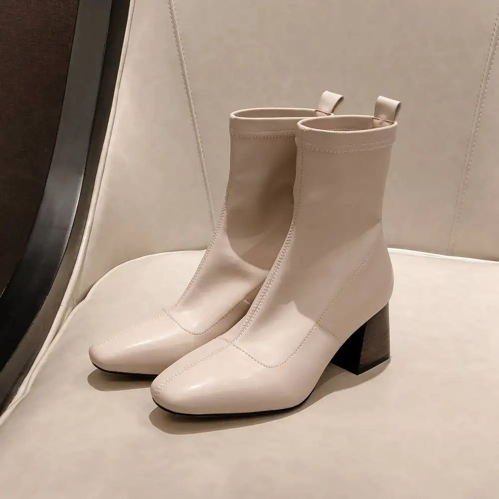 Cena Superstar placu toe z mikrofibry wysokie obcasy slip on kobiety botki zwięzłe runway moda buty stałe party buty zimowe L87