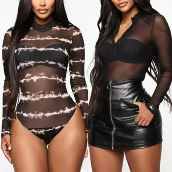 

Summer Sexy New Women's Perspective Bodysuits Mesh Sheer Skinny Jumpsuit Long Sleeve Sexy Striped Cocktail Party Top Costume