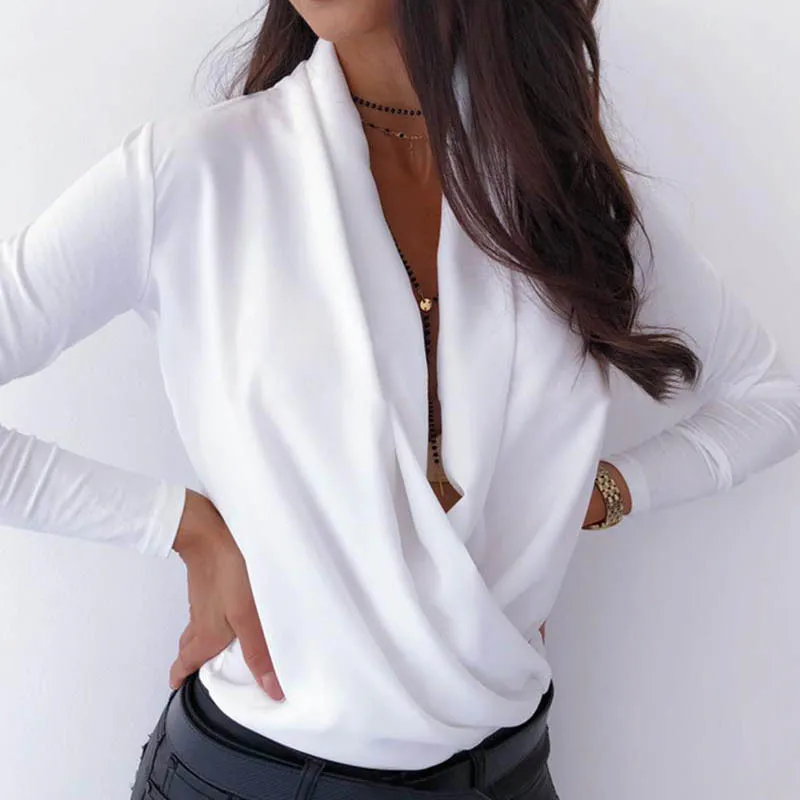Осенняя блузка с буквенным принтом и рюшами, рубашки, женские повседневные сексуальные пуловеры с v-образным вырезом и длинным рукавом, элегантные тонкие базовые рубашки, Прямая поставка - Цвет: White