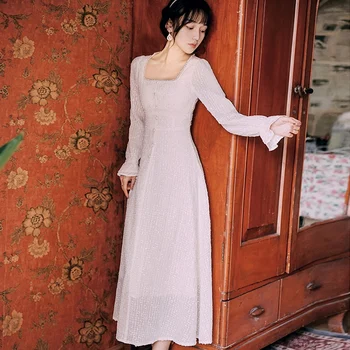 

YAMDI vintage square collar women dress female 2020 spring autumn single-breasted long flare sleeve high waist boho dress vestid