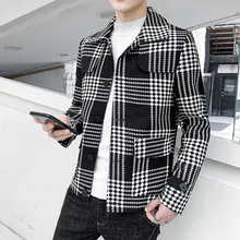 Зимнее Короткое шерстяное пальто для мужчин, тонкая модная повседневная куртка в клетку, Мужская Уличная одежда, дикая британская ветровка, мужское пальто, M-3XL