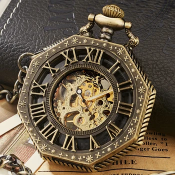 

Hexagonal Prism Mechanical Pocket Watch for Men FOB Chain Skeleton Hollow Roman Numbers Old reloj de bolsillo hombre con cadena