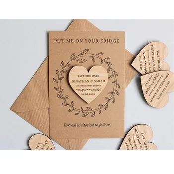 

Custom wooden heart wedding Save The Date Magnets, Laser Engraved Magnet with cards, rustic invitations, wedding favor gifts