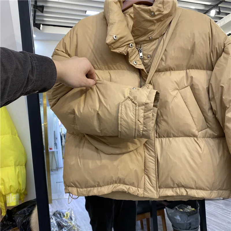 Women Short Down Jacket with Bags Loose Thick White Duck Down Filled Bread Jacket for Winter Outer Wear Coat