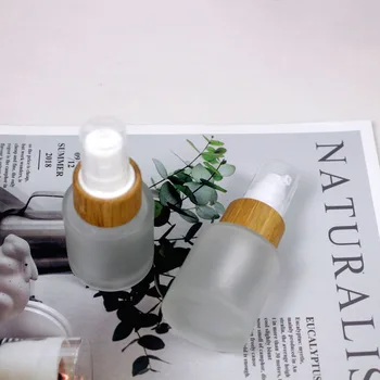 

20ml Clear Frosted Glass Foundation Lotion Empty Bottle Cosmetic Packaging Container Perfume Spray Pump Wood Grain Bamboo Cover