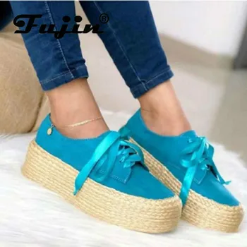 

Fujin Women Single Shoes Fashion Thick Bottom Spring 2020 Breathable Women Shoes Cross Tied Round Toe Lace Causal Flat Shoes