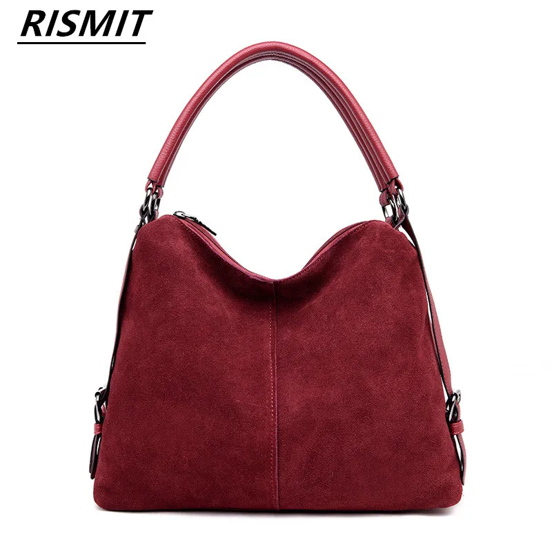 

RISMIT Women Real Suede Leather Shoulder Bag Female Leisure Nubuck Convertible Handbag Hobo Messenger Top-handle bags Purse
