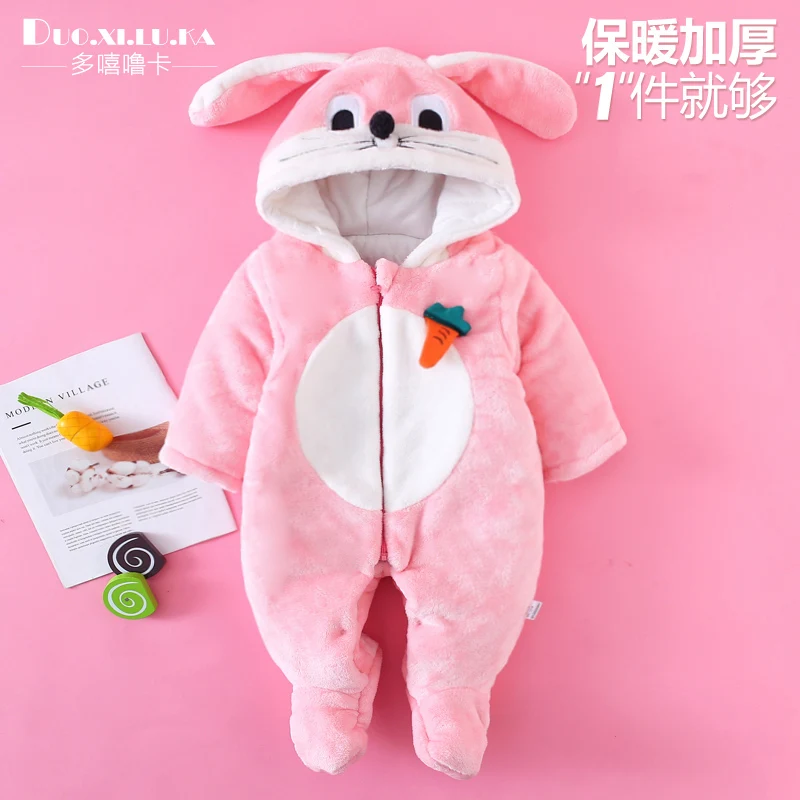 Light pink rabbit Зимняя одежда для малышей хлопковый костюм толстый теплый халат с шапкой милый комбинезон, одежда для малышей Одежда для маленьких девочек от 0 до 3 месяцев - Цвет: Light pink rabbit