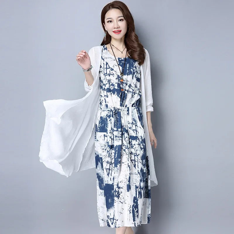 

2018 Autumn New Products Literature And Art Drawstring Waist Hugging Slimming Strapped Dress Women's Mid-length Ink Printed Two-