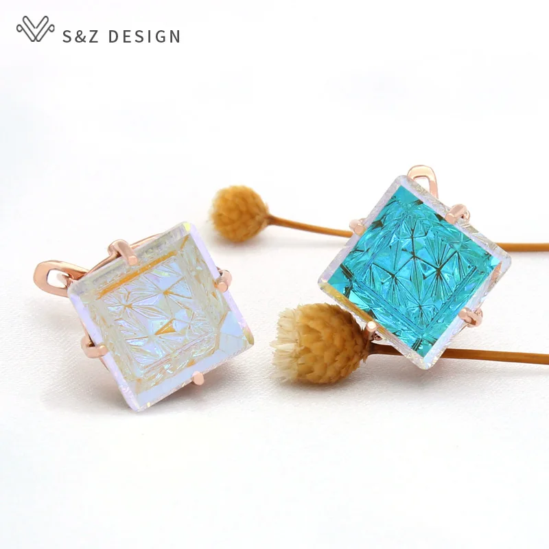 S&Z DESIGN New Fashion Big Square Crystal Dangle Earrings For Women Wedding Fine 585 Rose Gold Color Jewelry