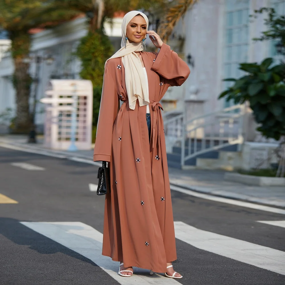 

Kimono Muslim Woman Beading Dubai Abaya Islamic Clothing Turkish Modest Outfits Ramadan Eid Hijabi Robe Kaftan ( No Scarf )