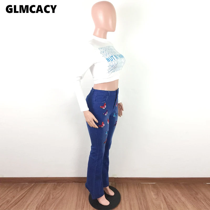 Женские джинсы с высокой талией, женские джинсы с бабочками, широкие брюки, толстые джинсы для мамы, расклешенные обтягивающие джинсы