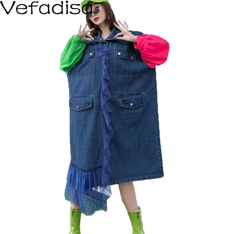 

Vefadisa Patchwork Sleeve Trench Coat Women 2020 Spring Lapel Lace Ruffles Denim Trench Coat Streetwear Overcoat QYF1937