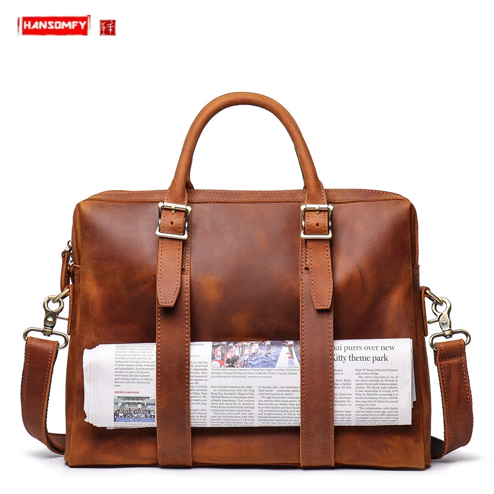 

Men's Crazy Horse Leather Tote Bag men handbag Large Capacity Computer Bags male travel bag Leather Shoulder Diagonal Briefcase