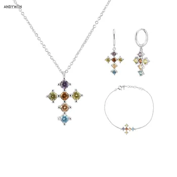 

ANDYWEN 925 Sterling Silver Long Shine Colorful Cross Pendiente Earring Bracelet Necklace Orringe Jewelry Set For European Women