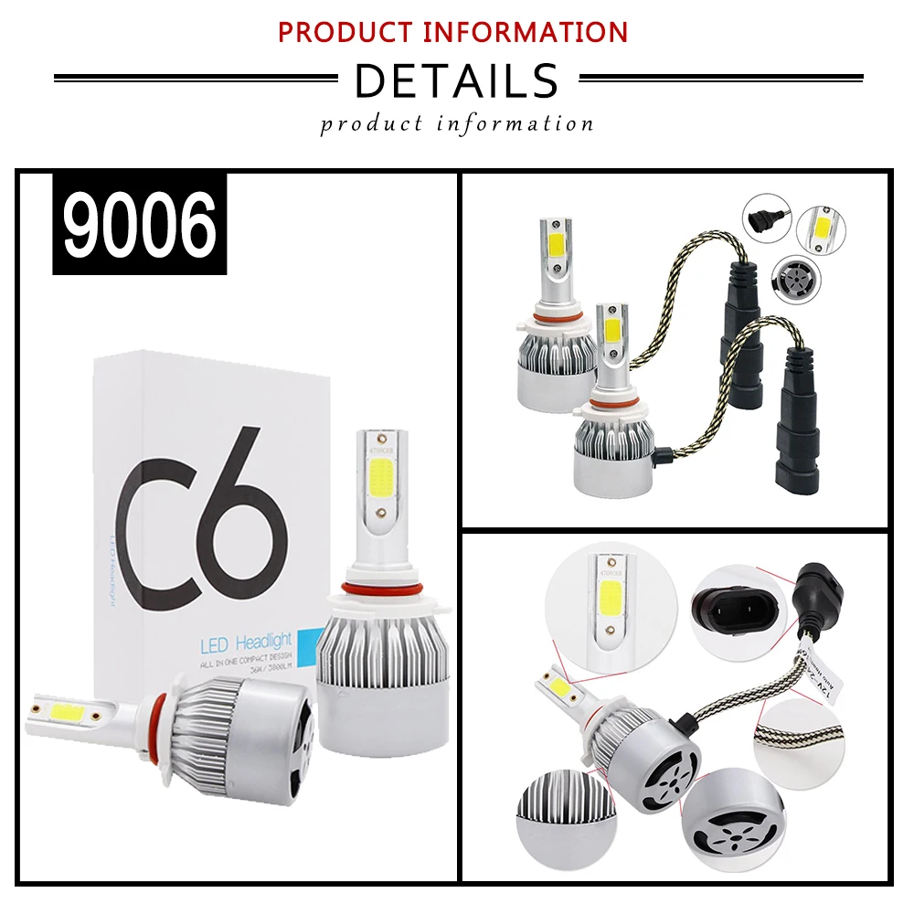 9006 HB4+ 9005 HB3 C6 светодиодный COB Чип все-в-одном автомобильные лампы для фар 7600 лм 72 Вт комплект 6000 К яркий белый свет(низкий/высокий луч