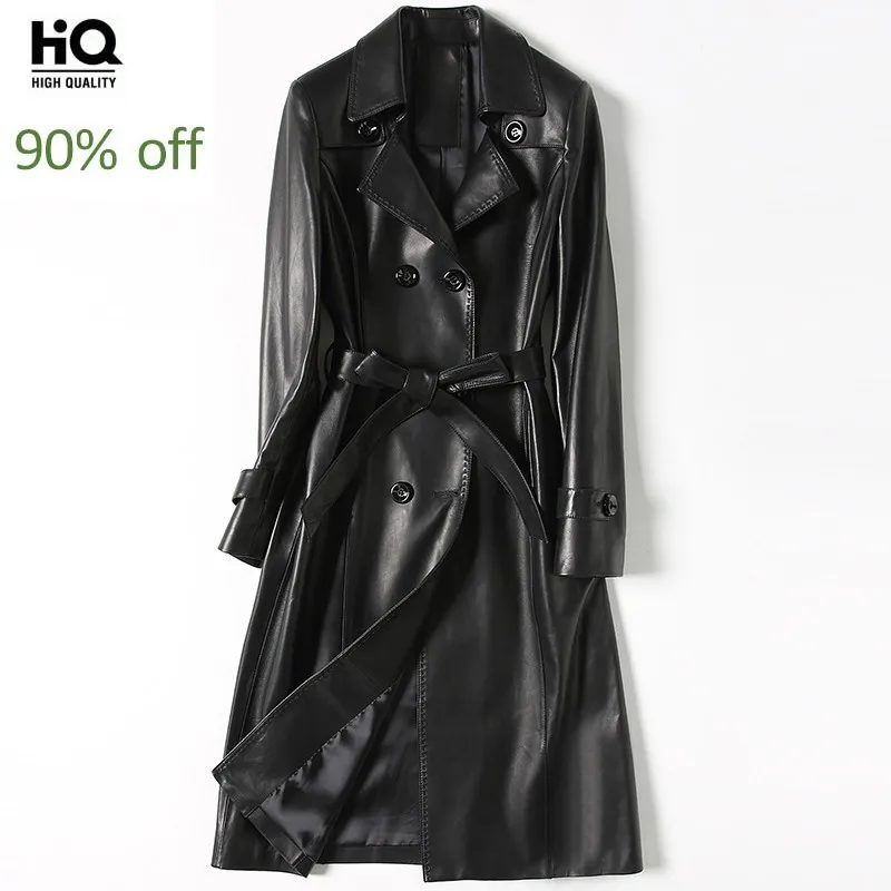 

100% Genuine Leather Elegant Jacket Women Vintage Black Long Windbreaker Runway Autumn Double Breasted Slim Sheepskin Coat Woman