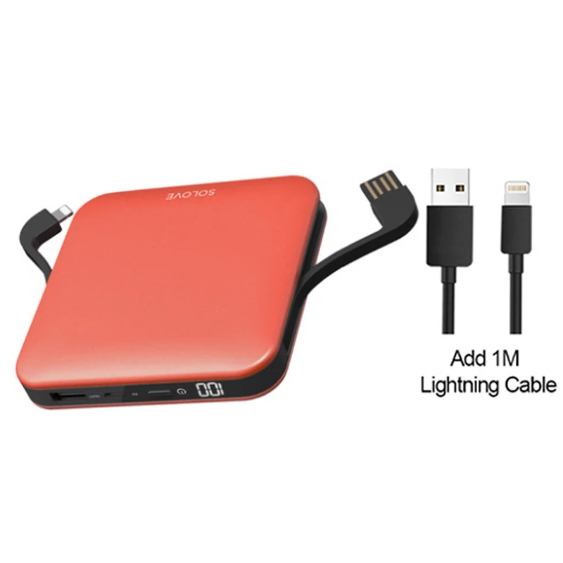 SOLOVE power Bank с кабелем для передачи данных, 10000 мАч, внешний аккумулятор, светодиодный дисплей, портативное быстрое зарядное устройство для Xiaomi huawei iPhone - Цвет: Orange Add Lightning