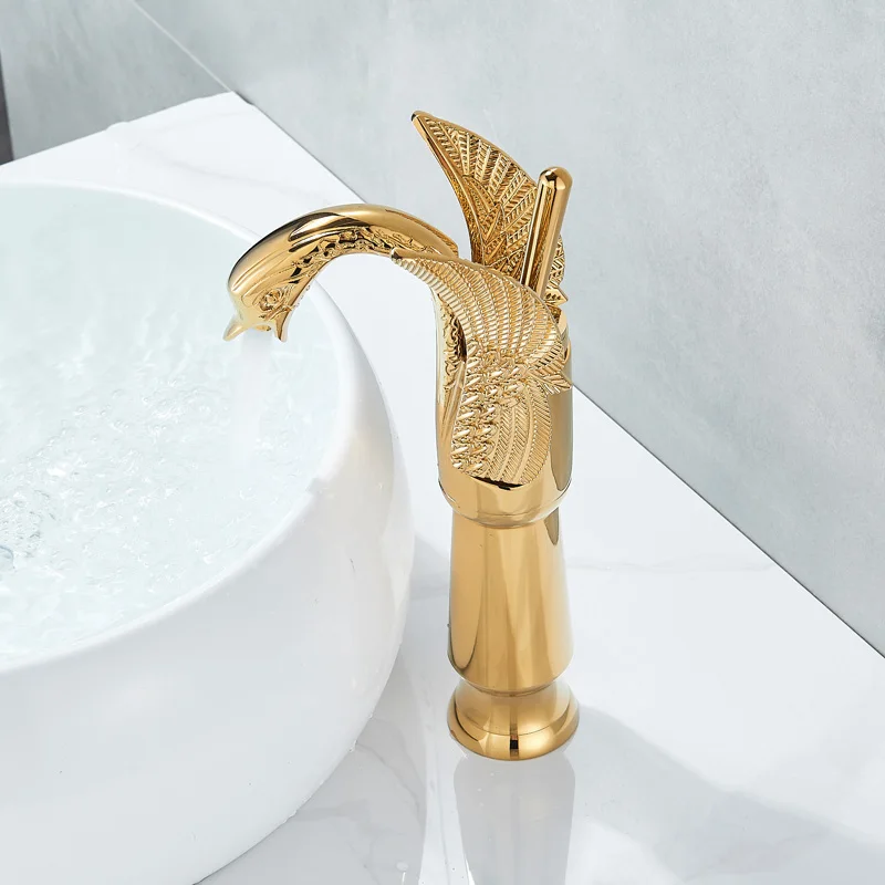 Golden Brass Swan Shape Deck Mount Vessel Basin Sink Faucet