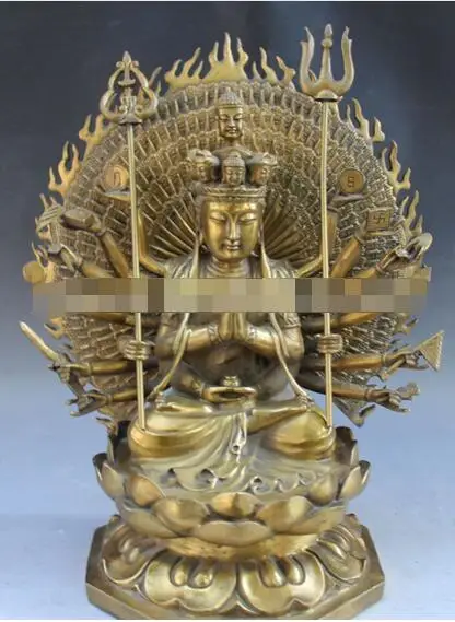 YM 307 1" Китайское бронзовое сиденье Lotus 1000 Arms Avalokiteshvara Kwan-yin статуя Гуаньинь