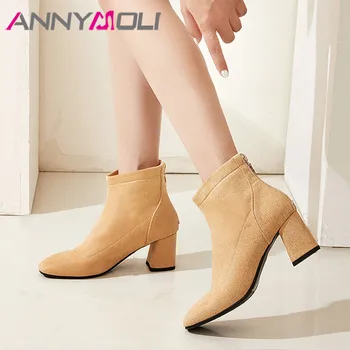 

ANNYMOLI Ankle Boots High Heel Woman Boots Thick Heel Shoes Zip Round Toe Short Boots Ladies Fur Warm Winter Beige Large Size 46