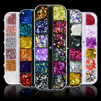 

12 Grids/Box Laser Nail Art Glitter Sequins Round Crooked Heart Butterfly Pentagram Leaf Pearl Flakes Resin Flower Decorations P