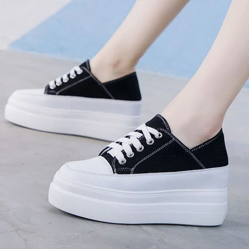 

Increasing Height Fashion Canvas Sneaker Women Cow Leather Round Toe Thick Sole Chunk Oxfords Comfort High Heels Casual Shoes