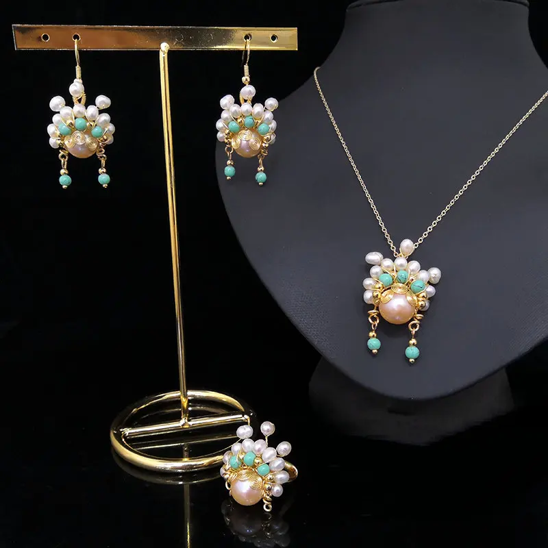 JEWLERY SET 1 SINZRY индивидуальный ручной работы натуральный пресноводный жемчуг Макияж лица кулон ожерелье серьги, кольцо, ювелирные изделия набор - Окраска металла: JEWLERY SET 1