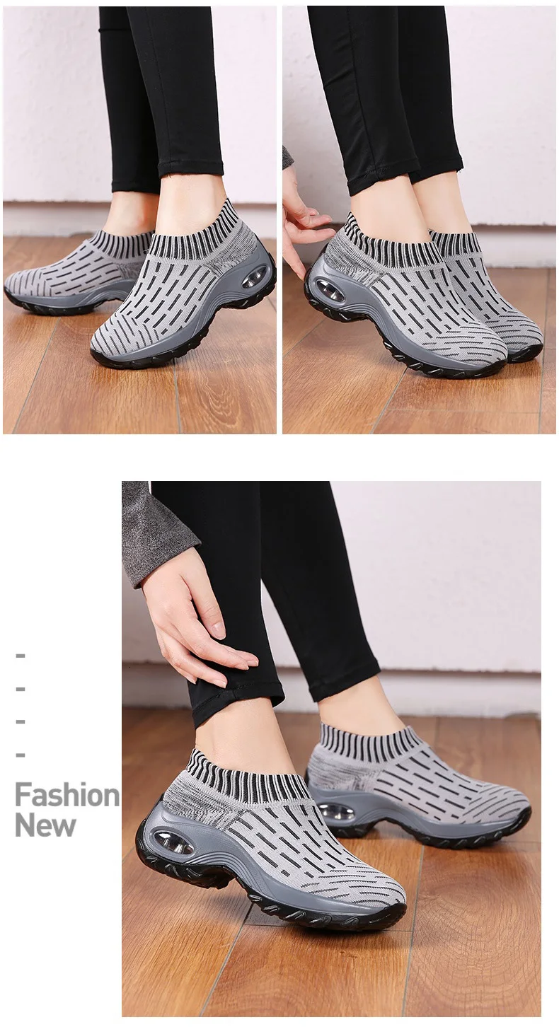 Женские кроссовки из сетчатого материала на воздушной подушке; Лоферы без шнуровки; трикотажные эластичные носки; повседневная женская обувь; дышащая удобная обувь