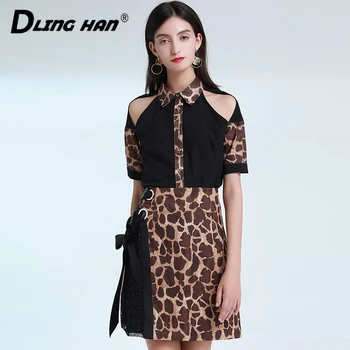 

LINGHAN 2020 Summer Women 2 Piece Suit Designer Short Sleeve Off Shoulder Black Blouse Leopard Skirt Twinset Fashion Lady