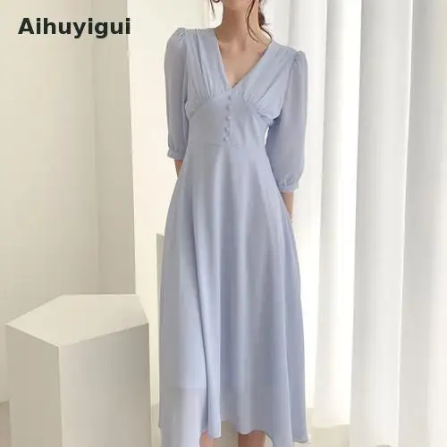 Aihuyigui Новое модное однотонное женское нежное шифоновое платье феи элегантное, с рукавом до локтя с v-образным вырезом ТРАПЕЦИЕВИДНОЕ тонкое синее белое платье Ru268
