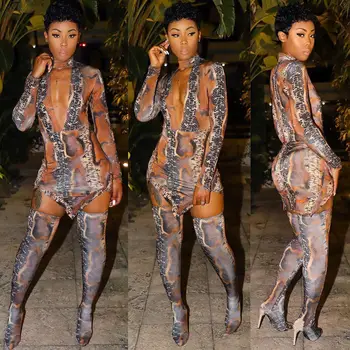 

Two Piece Set Snake Print Sexy Women Set Festival Clothing Turtleneck Long Sleeve Irregular Mini Dress+ Women Pants Club Outifts